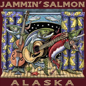 Jammin' Salmon, Alaska

 	100 percent cotton, pre-shrunk, heavyweight t-shirt
 	Front print
 	Shirt Color: Maroon