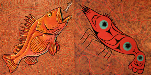 deatail from 'Sitka Wild Fish Mural' with Will Burkhart, Roberto Salas, and Memo Jauregui