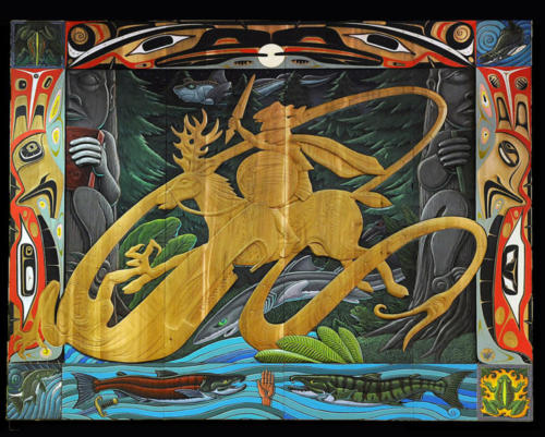 A Knight in the Woods, collaborative carving/painting with Haida artist Donald Varnell
