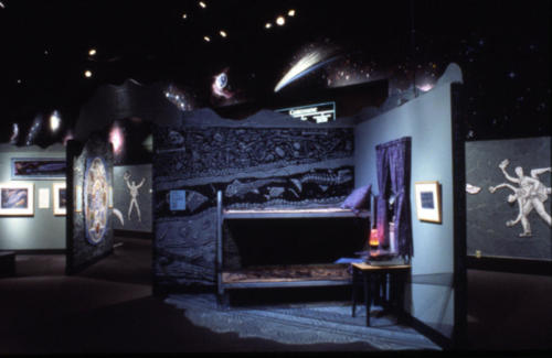 The surreal "fossil bedroom" area showing strata layers and fossils