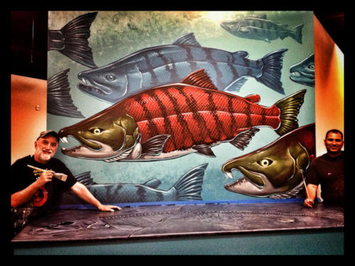 Saber Toothed Salmon mural painted with Memo Jauregui